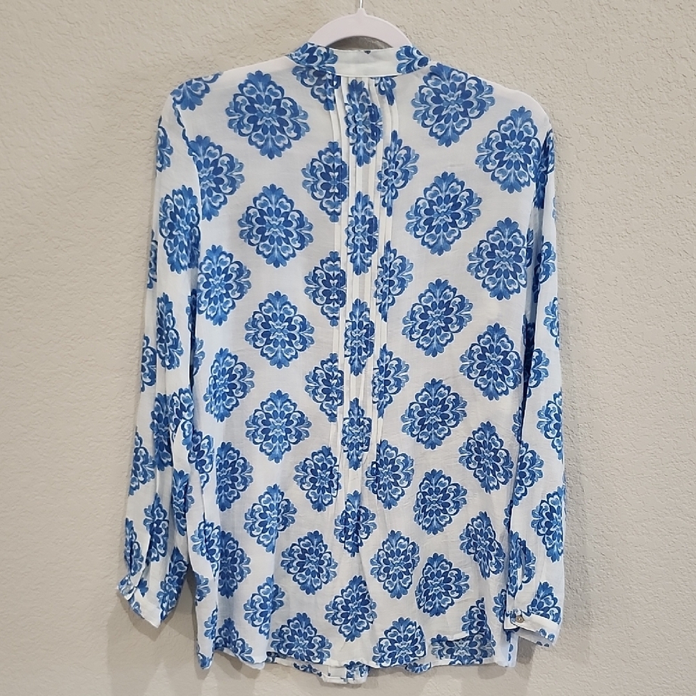 Nanette Lepore Pintuck Pleats Blue White Resortwear Patterned Tunic Blouse Small - Picture 7 of 9